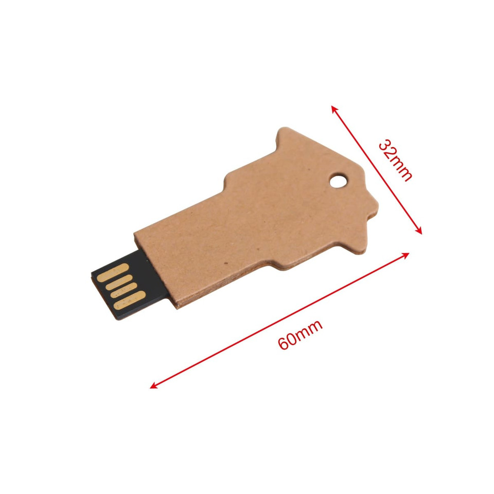 A brown eco-friendly flash drive shaped like a key, featuring a black USB connector. Dimensions are 60mm by 32mm.