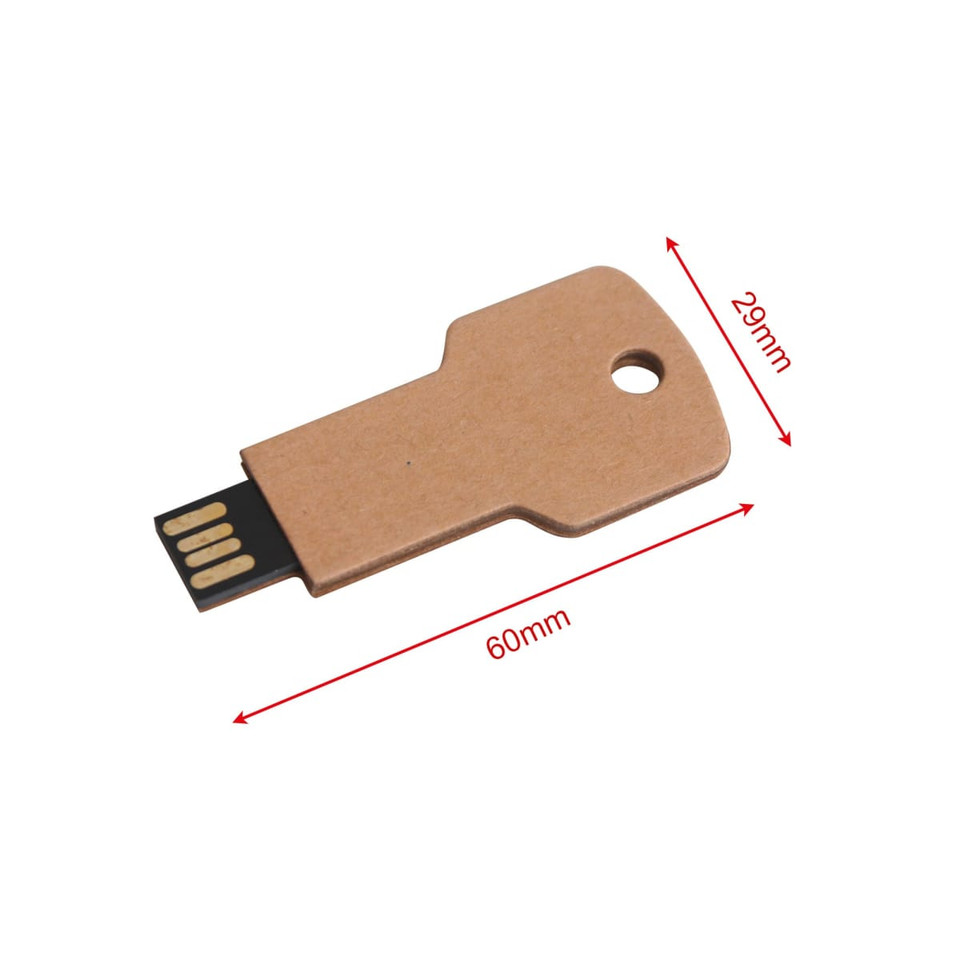 A brown eco-friendly flash drive shaped like a key, with a USB connector on one end.
