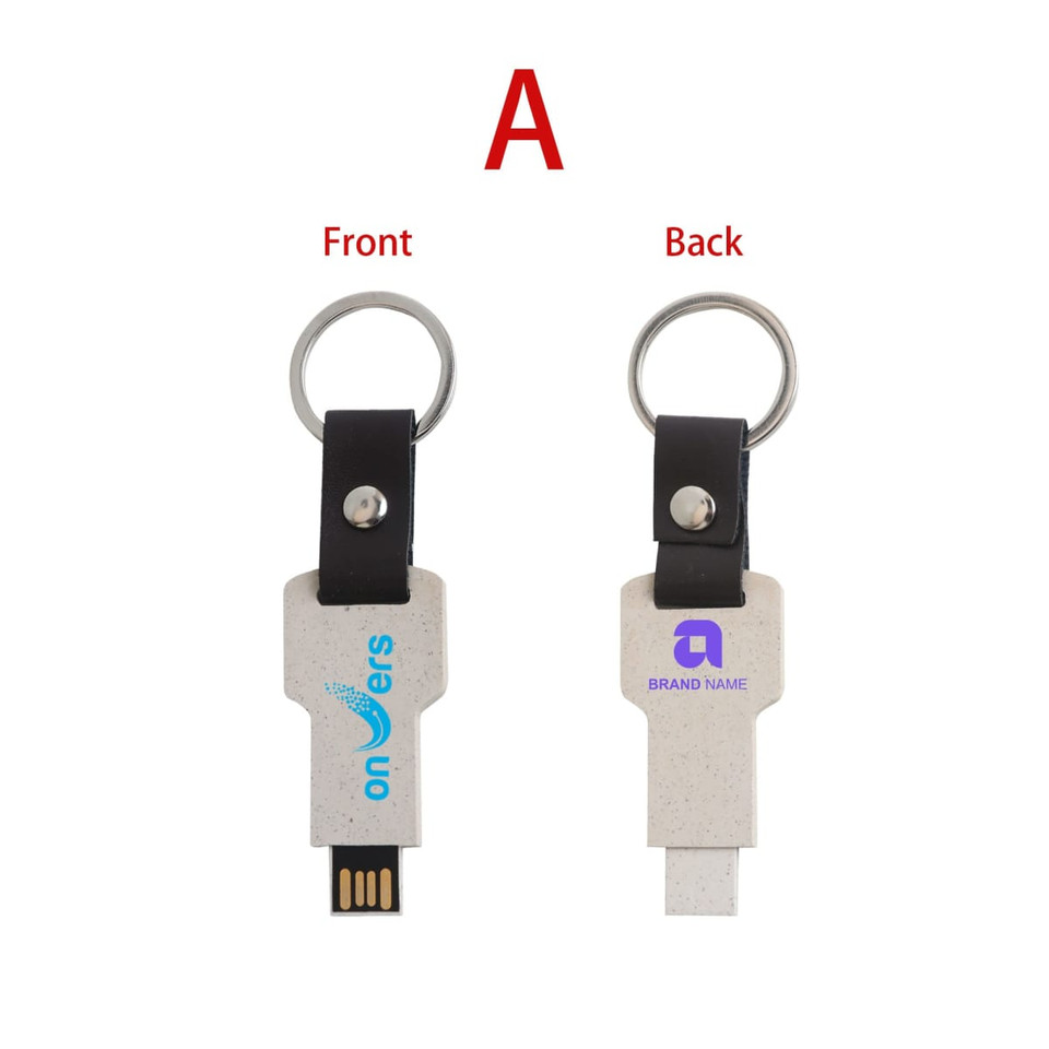 An eco-friendly mini flash drive keychain in light beige with a black keyring, featuring branding on both sides.