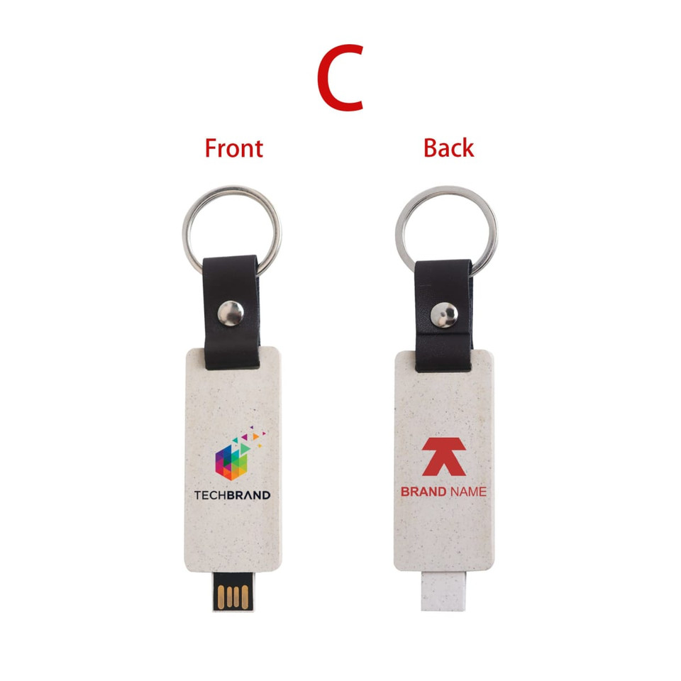 An eco-friendly mini flash drive keychain in a pale shade, featuring logos on both sides.