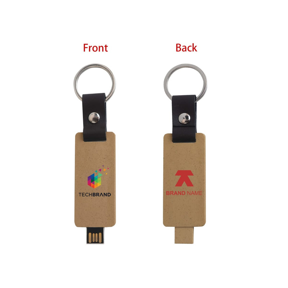 An eco-friendly mini flash drive keychain in beige, featuring logos on both sides and a metal keyring attachment.