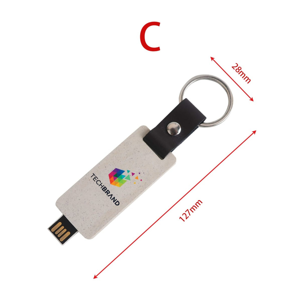 An eco-friendly mini flash drive keychain in cream with a logo and a metal keyring attachment.