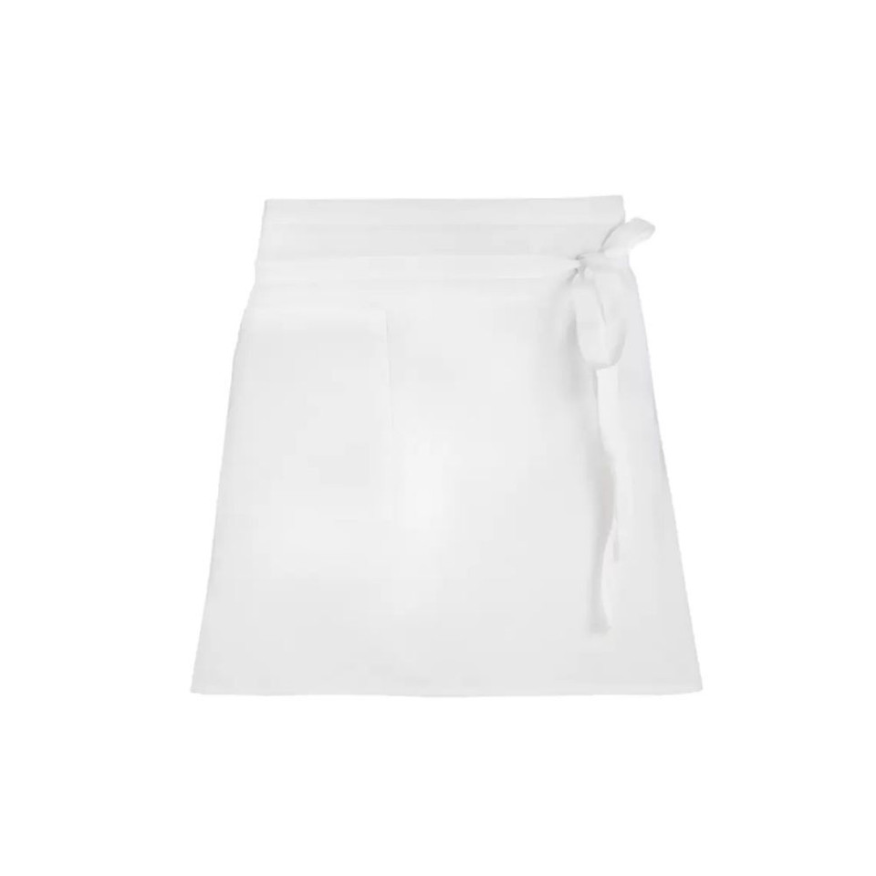 A white apron featuring a tied waistband and a front pocket. The product has a logo on the top right.