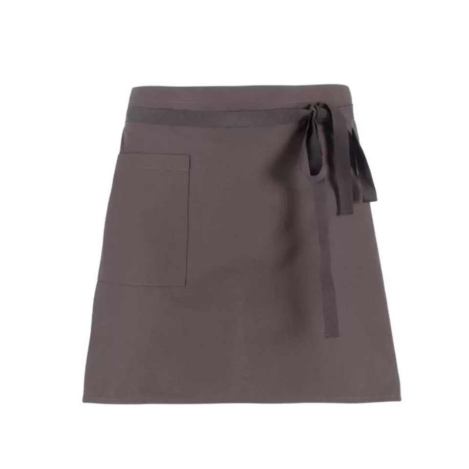 A brown apron featuring a waist tie and a pocket; includes branding.