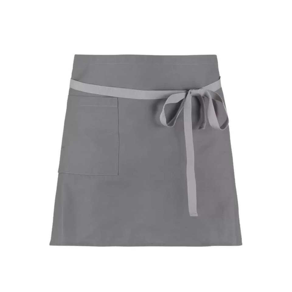 A grey apron with a tie waist and a front pocket, featuring a logo at the top.
