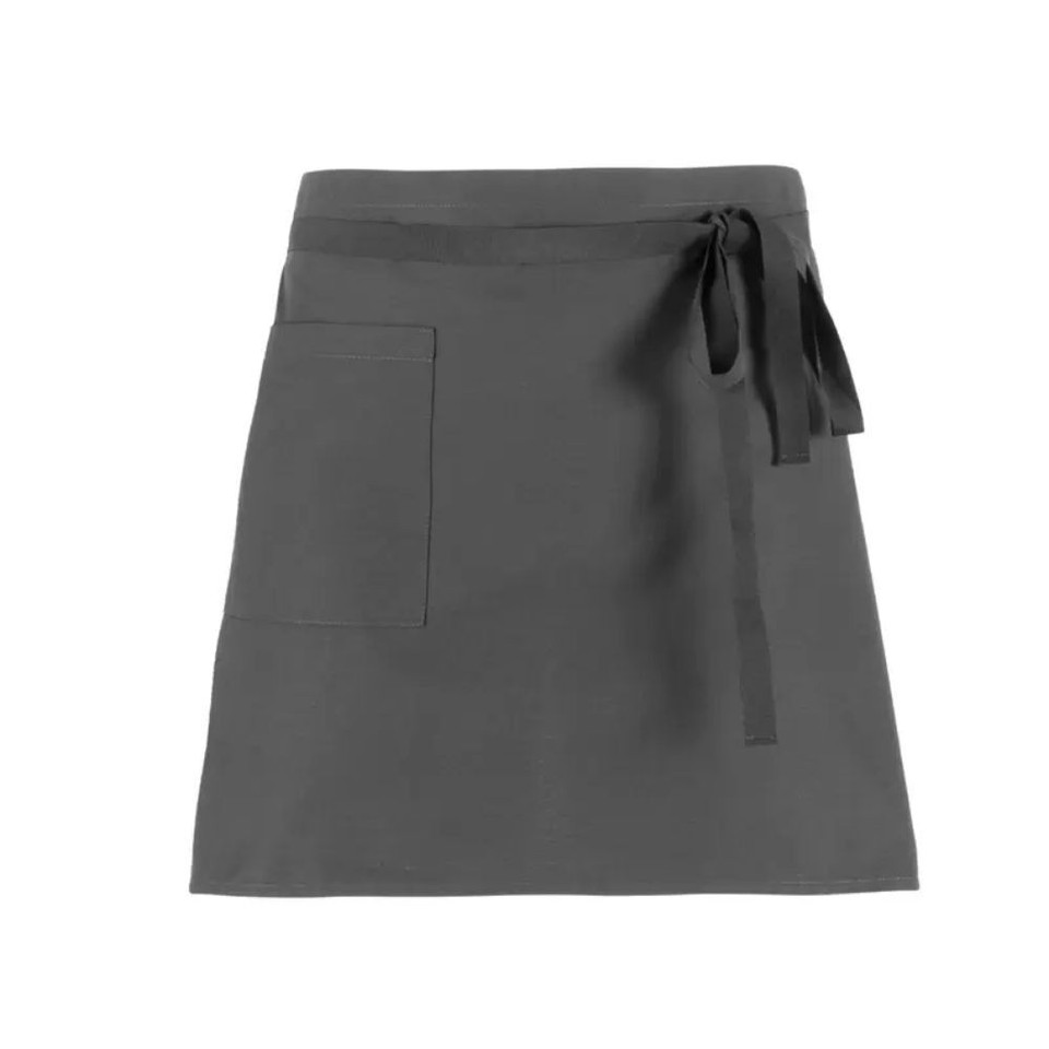 A dark grey apron with a tie waist and a single front pocket, featuring a logo.