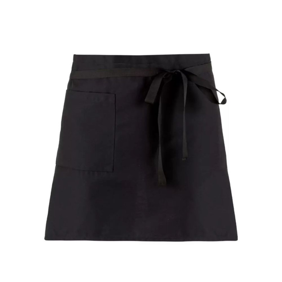 A black apron featuring a front pocket and a waist tie, with a logo in the corner.