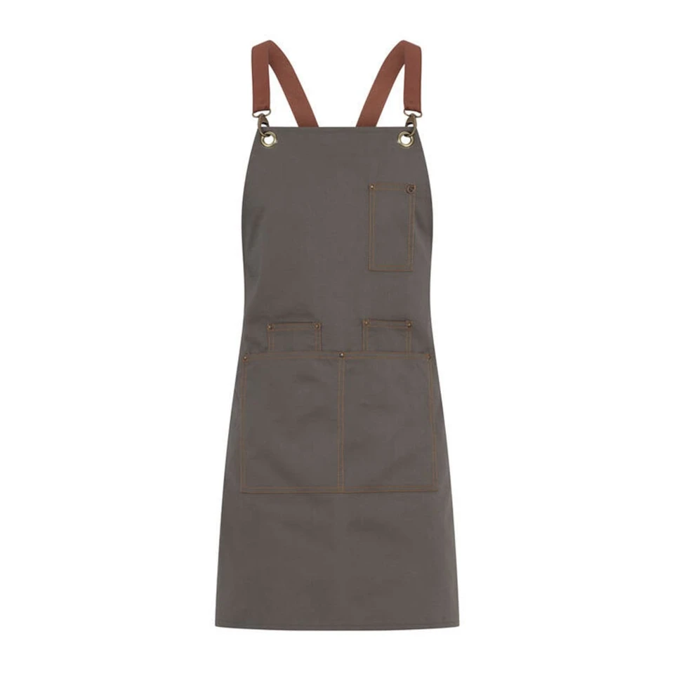 A grey apron with brown leather straps and multiple pockets, featuring a logo.