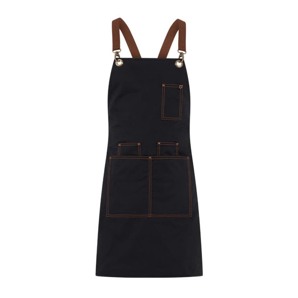 A black apron with brown straps, featuring multiple pockets and a logo.