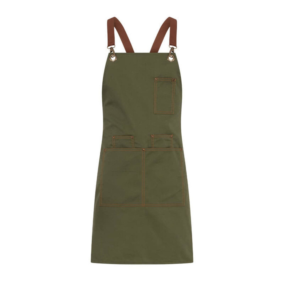 A green apron featuring brown straps and multiple pockets, with a branding logo on it.