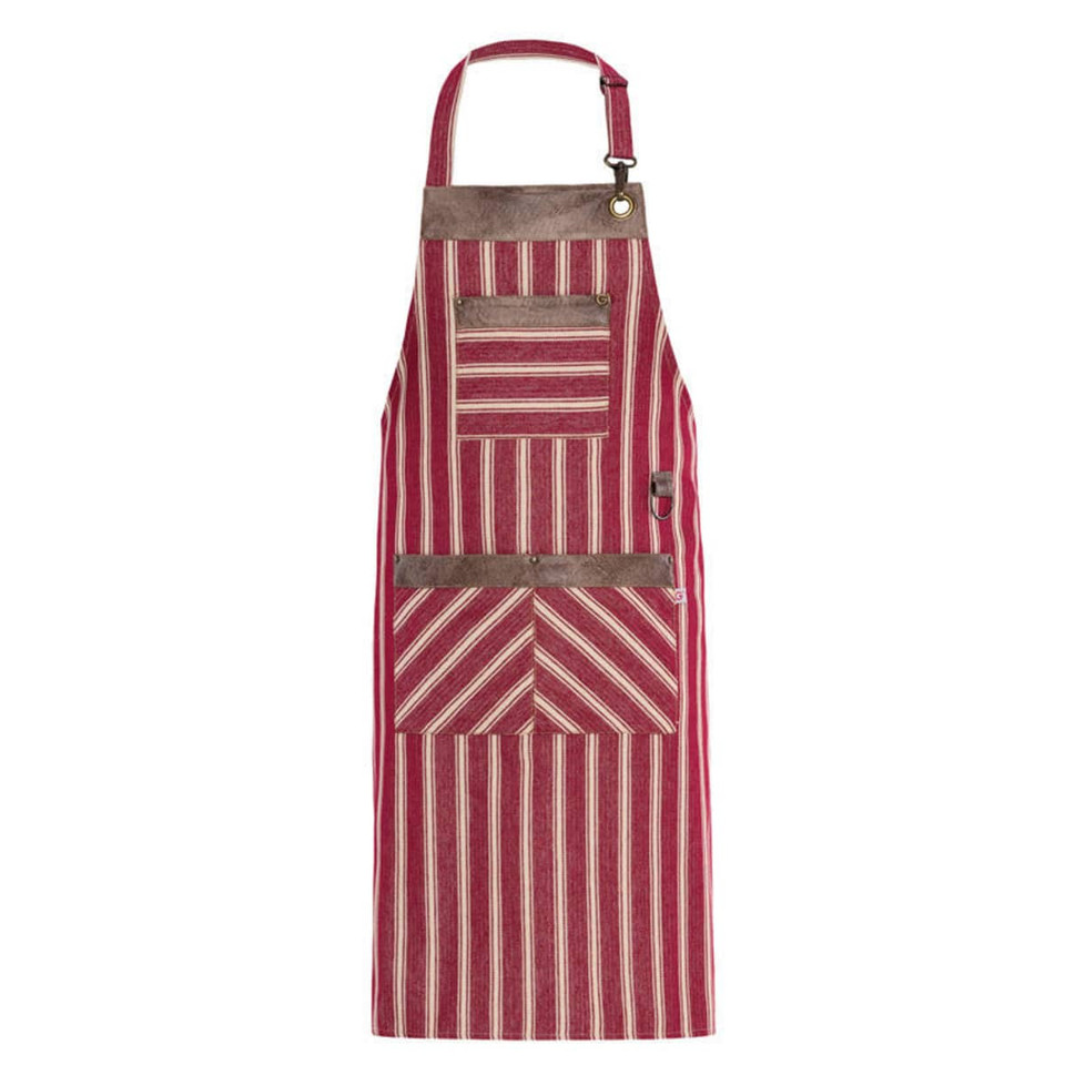 A red and cream striped apron featuring multiple pockets and a brown leather trim, complete with a logo.