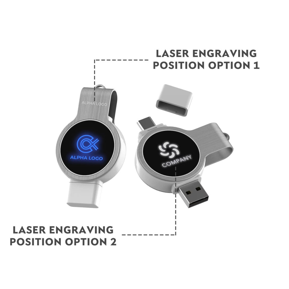 A metallic double-ended swivel flash drive featuring two distinct laser engraving options and a logo area.