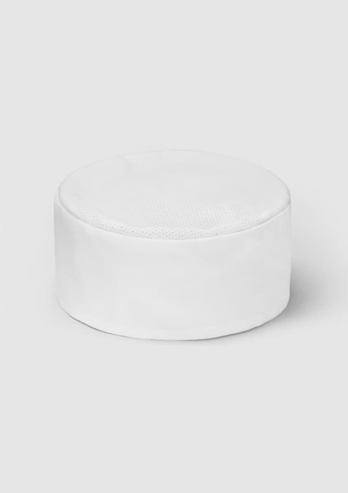 A white mesh flat top hat with a circular shape and a textured surface, featuring a logo.