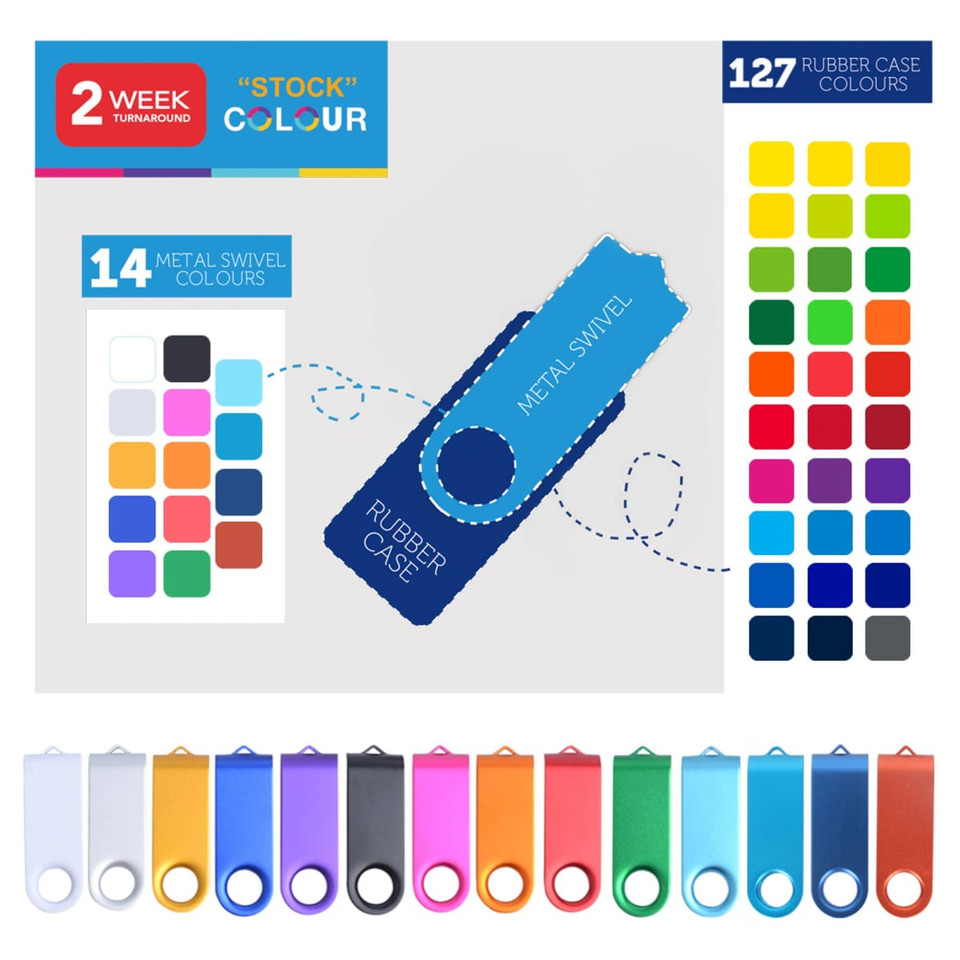 A variety of Belton Swivel Flash Drives in multiple colours, featuring a rubber case and a metal swivel element.