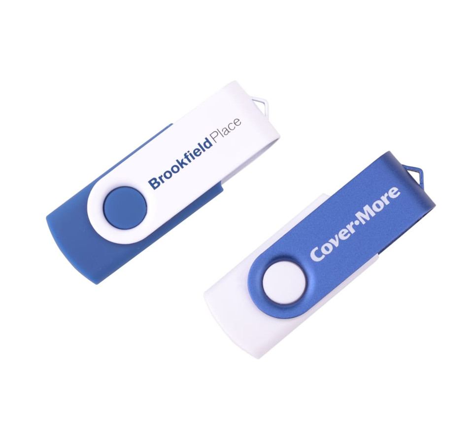 A blue and white Belton Swivel Flash Drive featuring two designs, each with a logo on the surface.