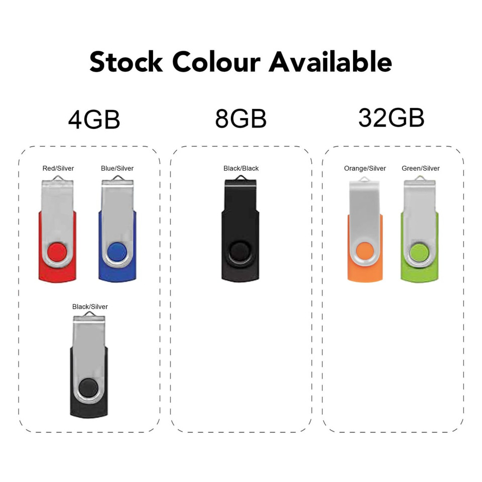 A collection of Belton Swivel Flash Drives in various colours: red/silver, blue/silver, black/black, orange/silver, and green/silver.