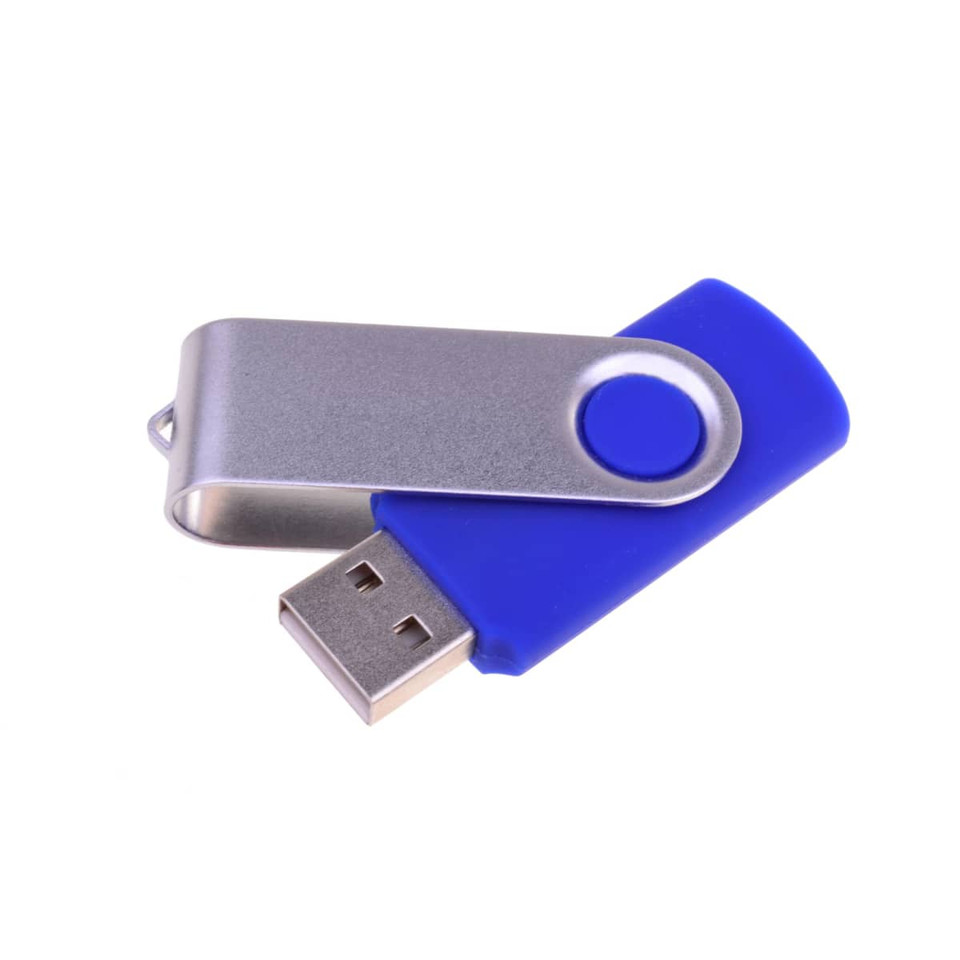 A blue Belton swivel flash drive with a metallic swivel cap, featuring a logo on the side.