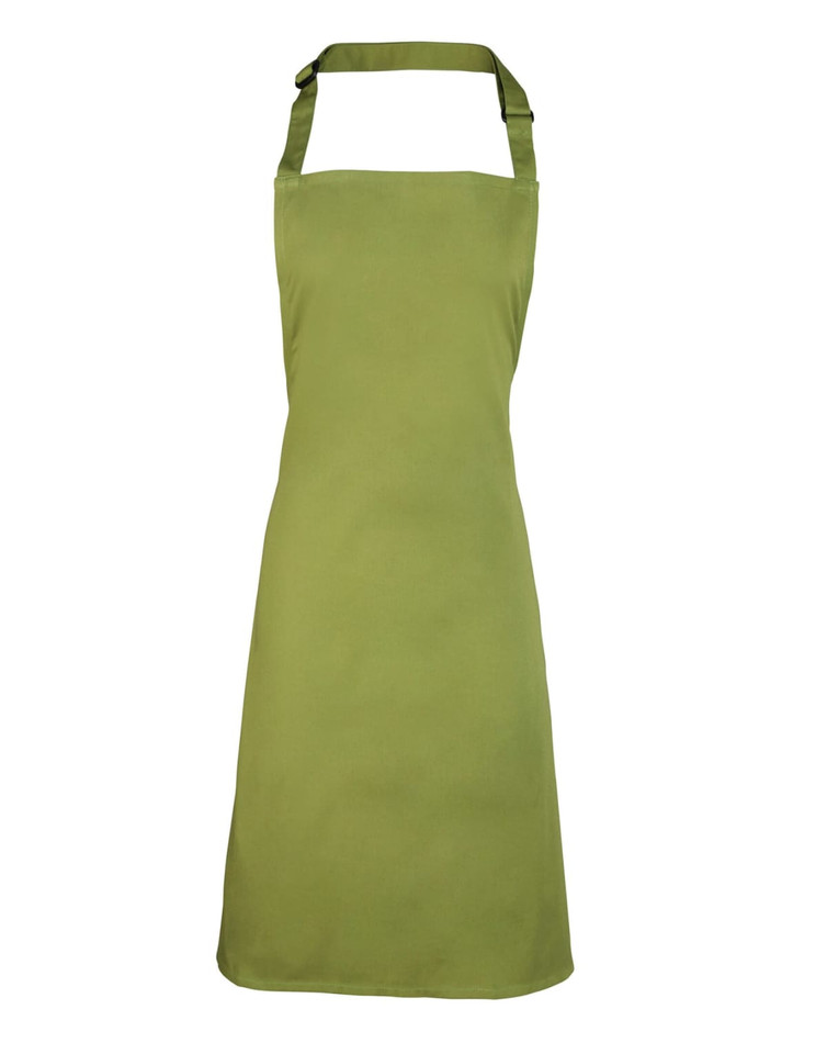 A plain green bib apron with an adjustable neck strap. It has a simple design and no visible branding.
