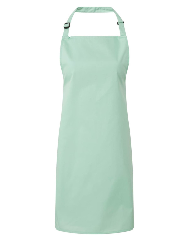 A mint green bib apron with a halter neck design and an adjustable strap, featuring a logo.