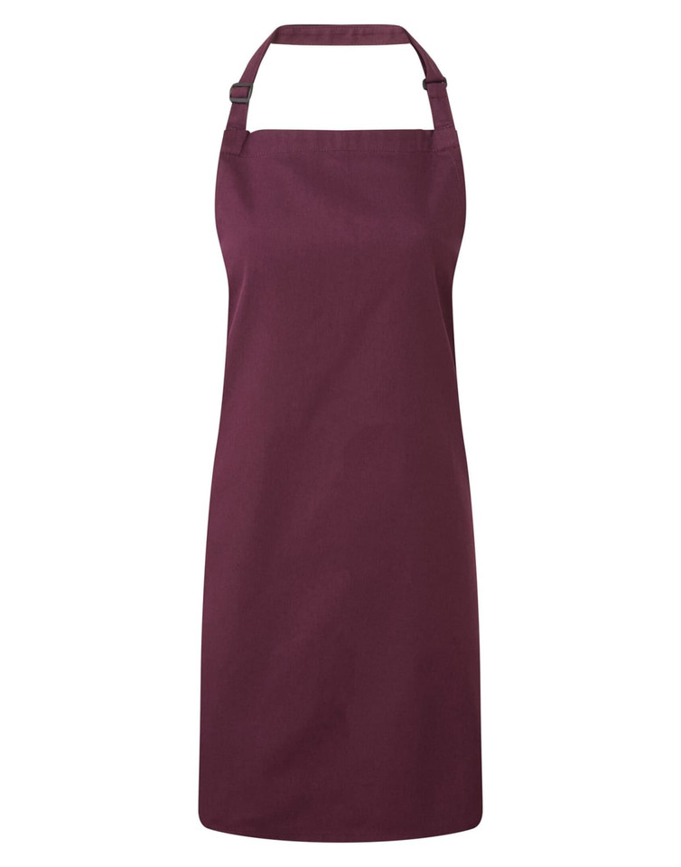 A maroon bib apron with an adjustable neck strap, designed for chefwear, featuring a logo.