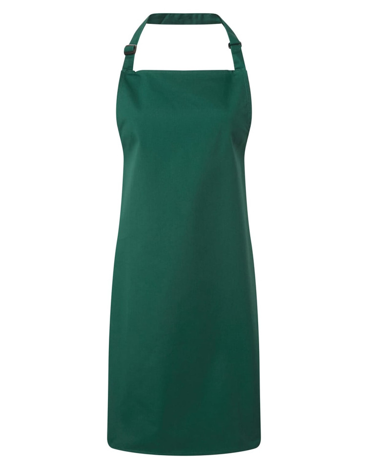 A dark green bib apron with adjustable neck straps and a solid design. It features a branding logo.