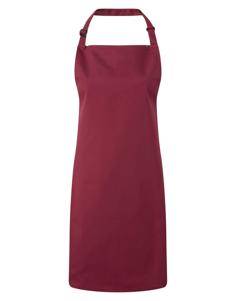 A burgundy bib apron with a neck strap and an adjustable tie at the back. It has a logo present.