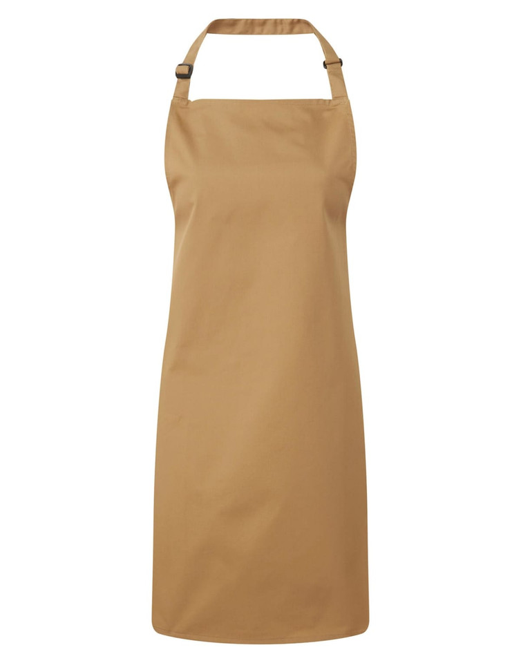 A brown chef's bib apron with a neck strap and no visible logos or branding.