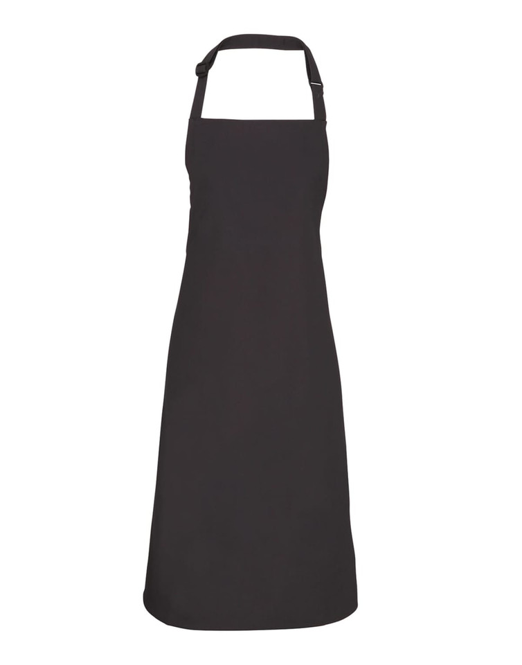 A black bib apron with a neck strap and adjustable features, suitable for chefwear. It includes a logo.