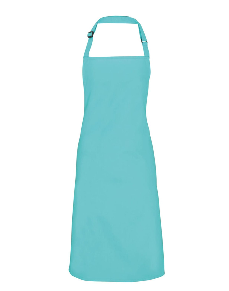 A turquoise bib apron with adjustable neck strap, suitable for chefwear uniforms. It features a branding logo.