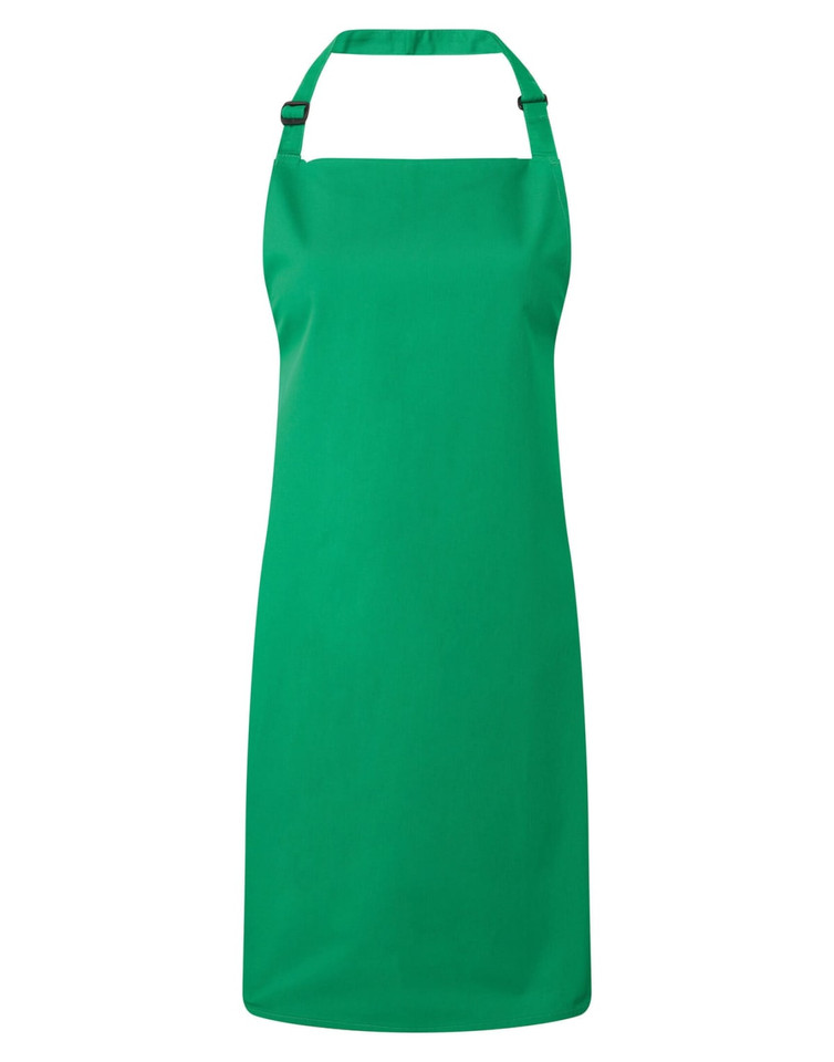 A green bib apron with adjustable neck strap and no visible branding. Suitable for chefwear and uniforms.