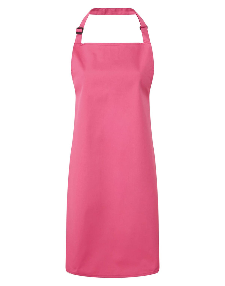 A pink bib apron featuring a neck strap and a branding logo. Suitable for chefwear and uniforms.