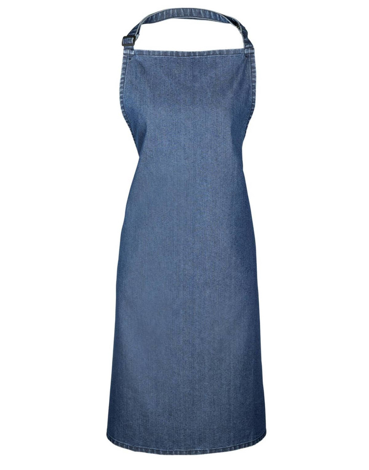 A denim bib apron in a solid blue colour, featuring an adjustable neck strap and a brand logo.