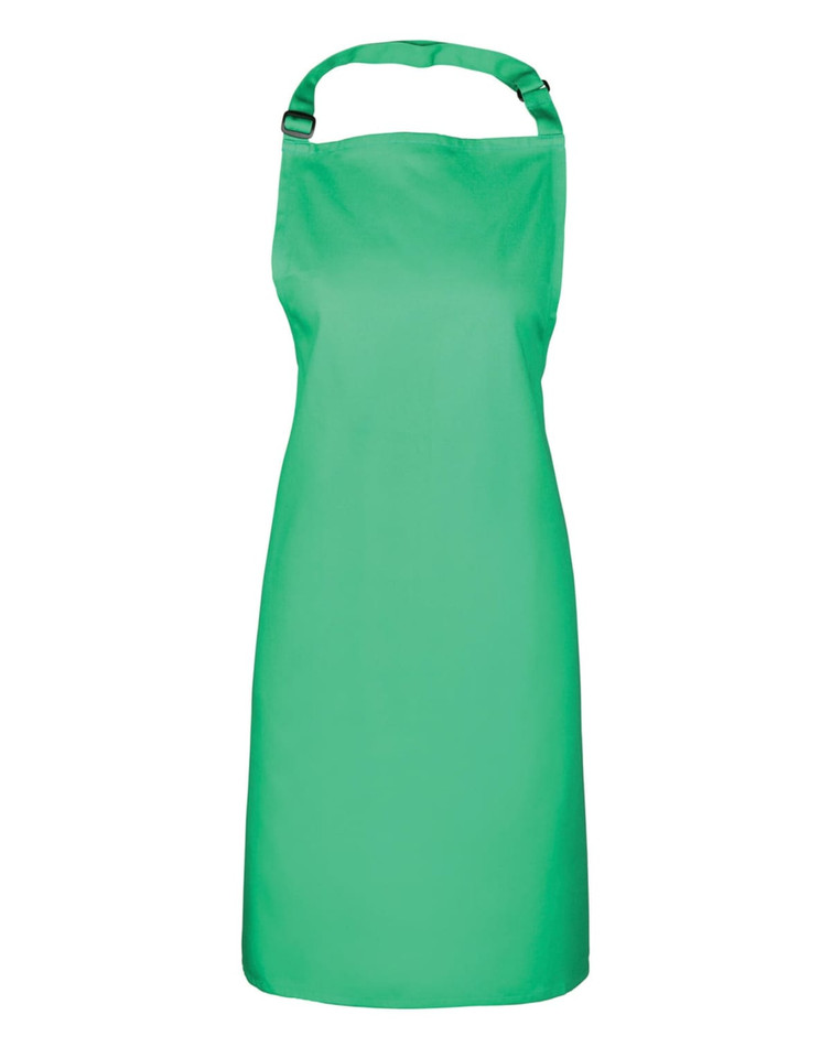 A green bib apron with an adjustable neck strap, designed for chefs and kitchen use. Features a logo on the front.
