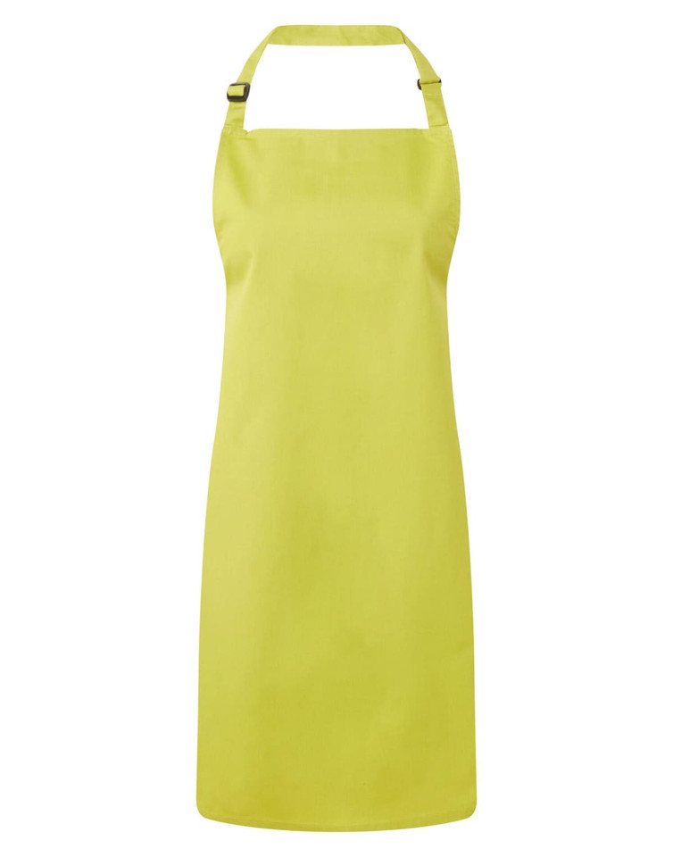 A yellow bib apron with an adjustable neck strap and a plain design. It features a logo on the front.