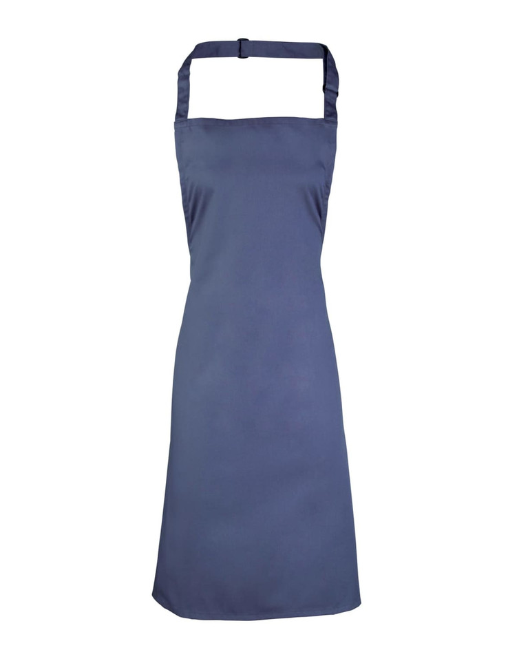 A navy blue bib apron featuring a neck strap and an adjustable tie. The product includes a logo.