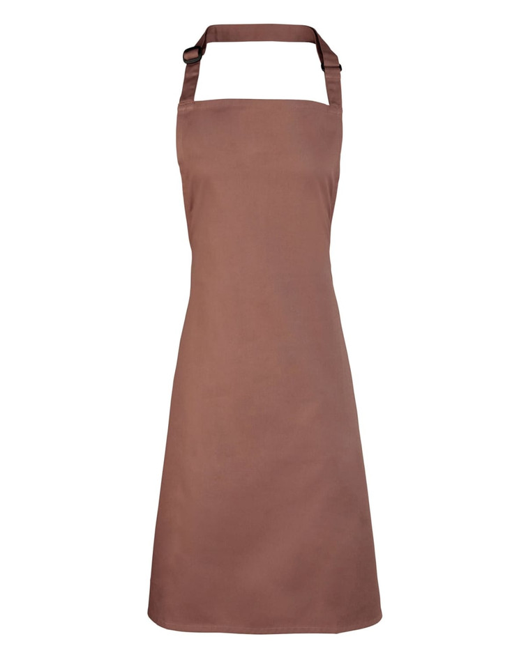 A brown bib apron with a halter neck design, featuring a logo on the front.