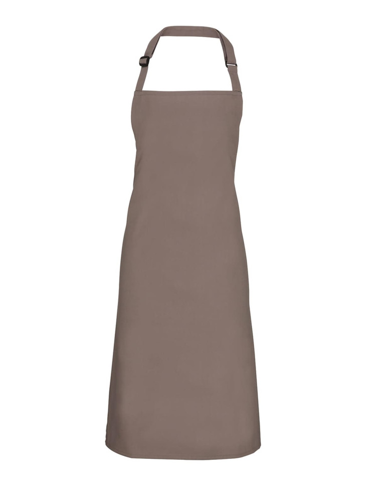 A brown bib apron with an adjustable neck strap and a solid design. It features a logo on the front.