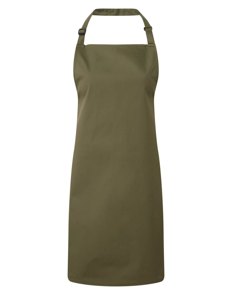 A khaki bib apron with an adjustable neck strap and a plain design, featuring a logo. Suitable for chefwear uniforms.