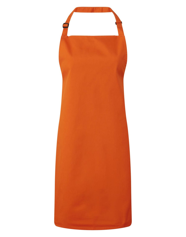 An orange bib apron with a neck strap and adjustable features, featuring a logo. Ideal for chefwear.