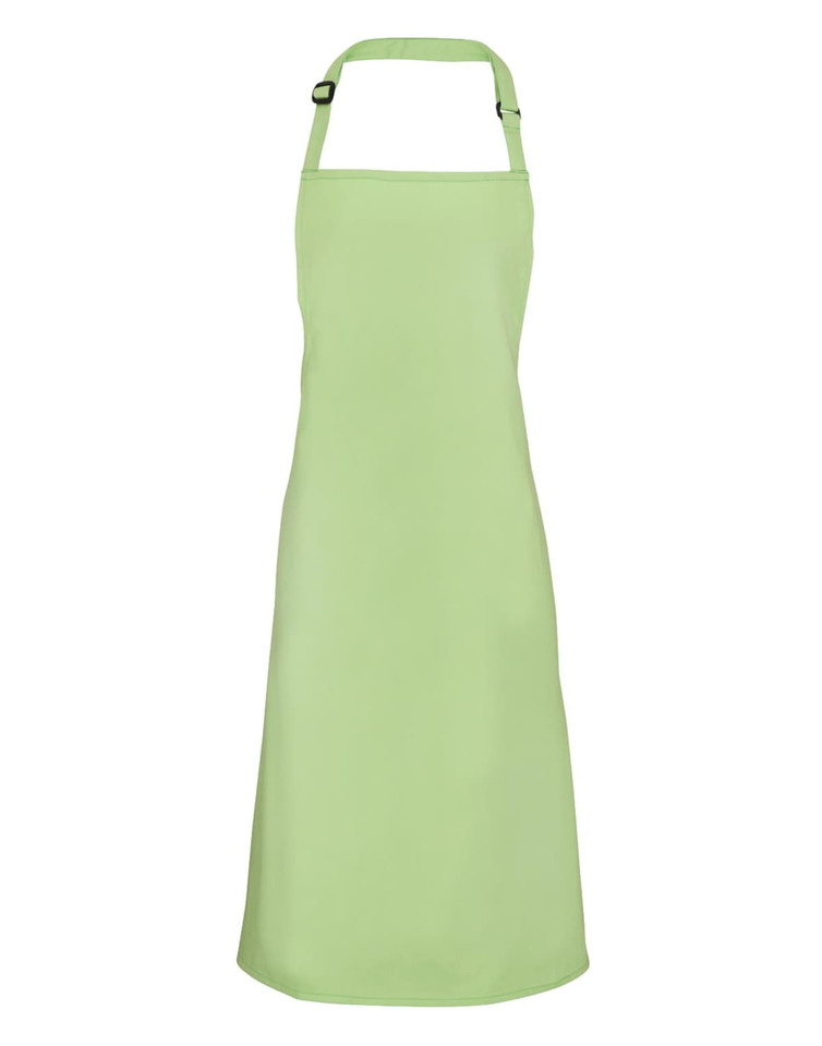 A green bib apron with adjustable neck straps. It features a logo but no visible text or badges.