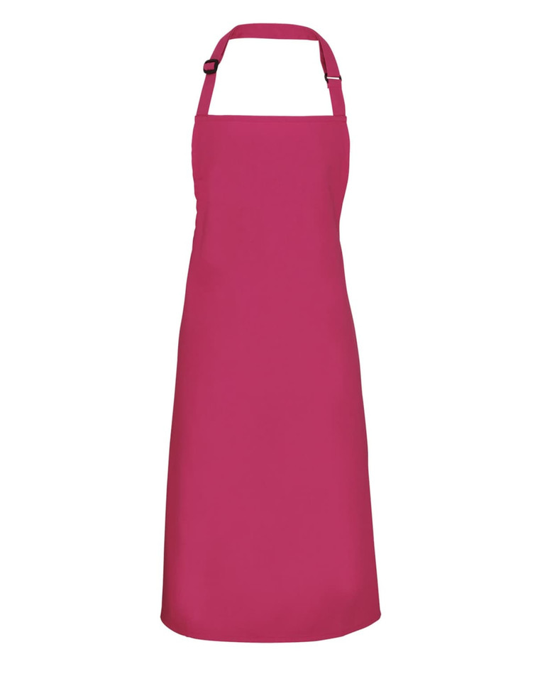 A pink bib apron featuring adjustable neck straps and a solid design, suitable for chefwear uniforms.