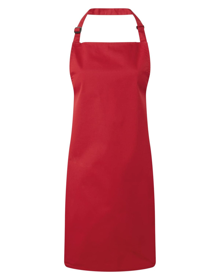 A red bib apron with a neck strap and an adjustable design, featuring a logo.