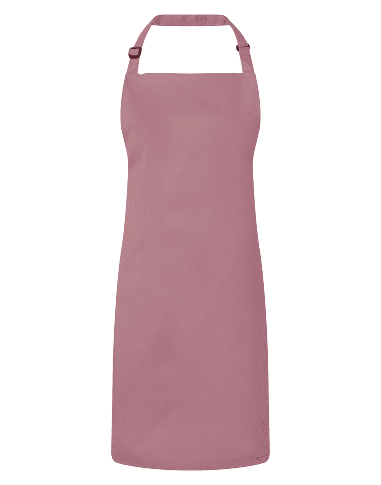 A pink bib apron with an adjustable neck strap, featuring a logo on the front. Suitable for chefwear.