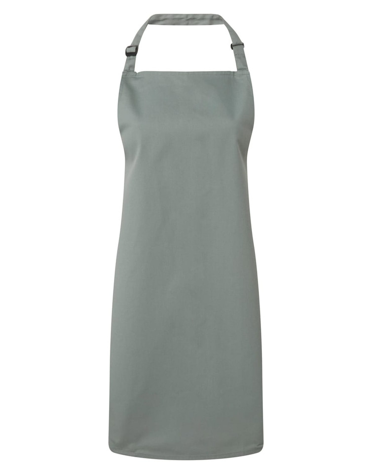 A grey bib apron with a neck strap and a simple design, featuring a logo on the front.
