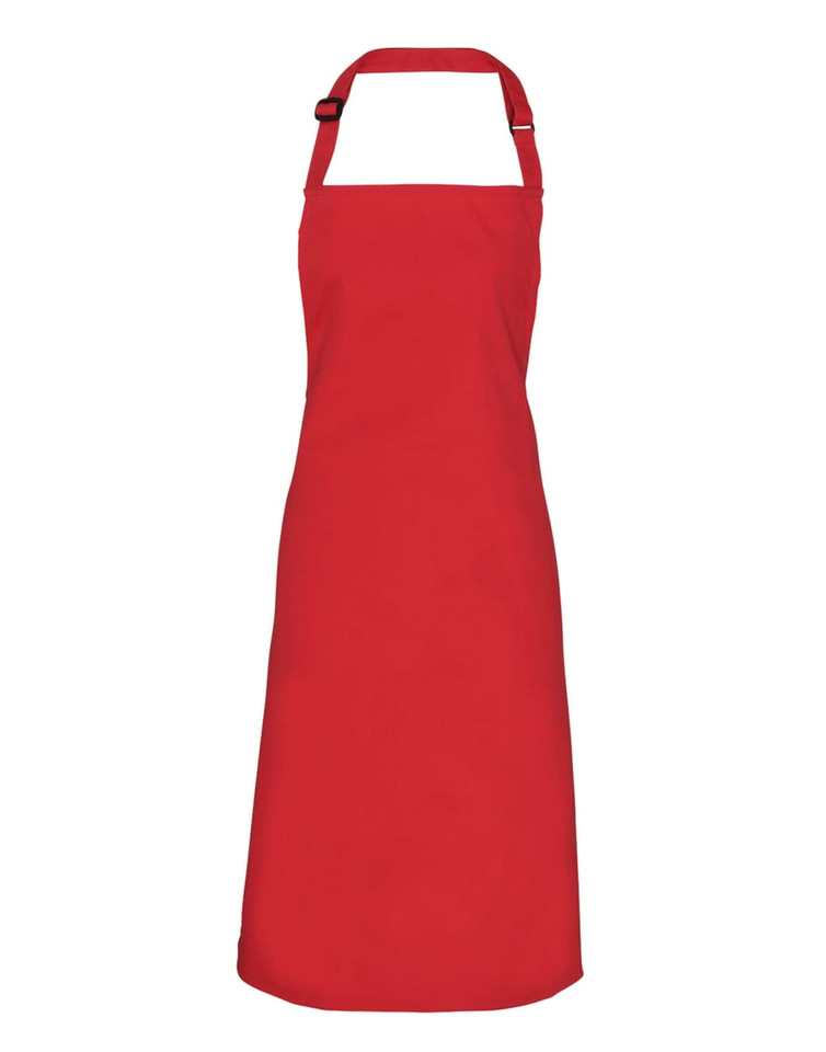 A red bib apron featuring an adjustable neck strap and a logo. Suitable for chefwear and uniforms.