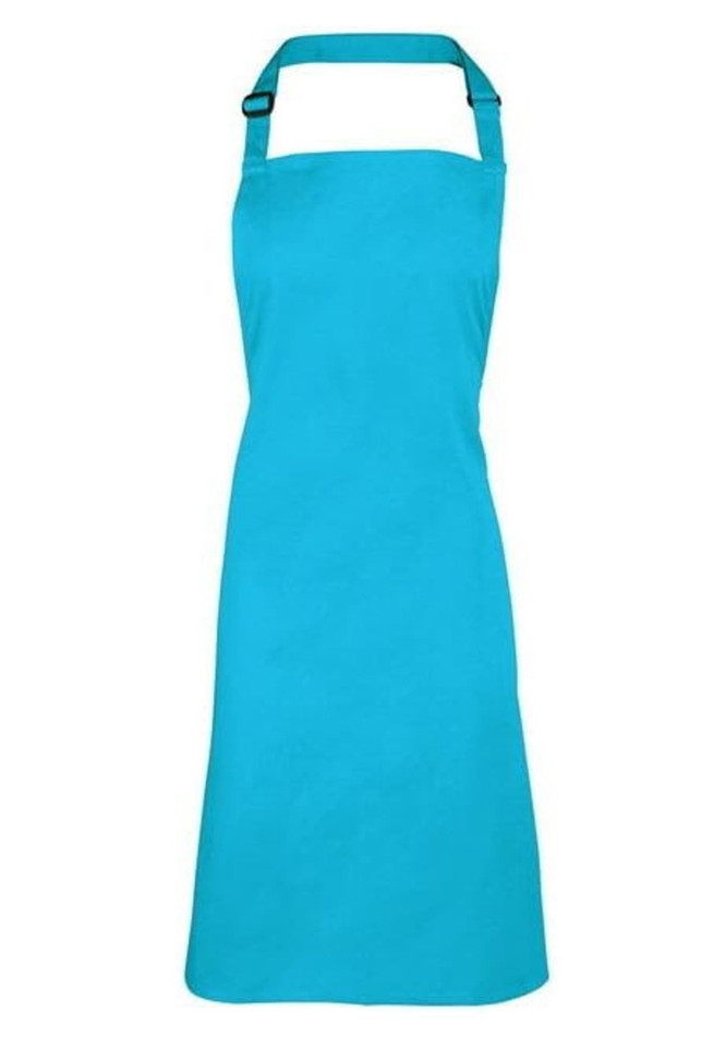 A turquoise bib apron with an adjustable neck strap and a smooth fabric finish. It features a logo.