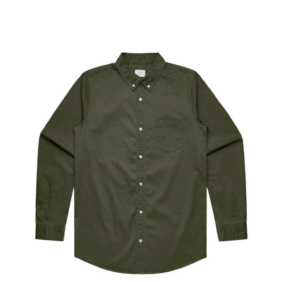 A button-up shirt in olive green with a collared neckline and a single chest pocket. Features a logo.