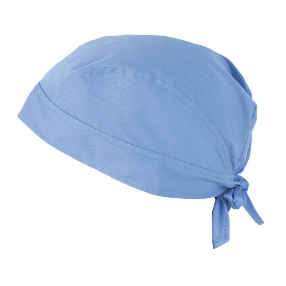 A blue bandana with a tied back design and a smooth fabric texture. It features branding on one side.