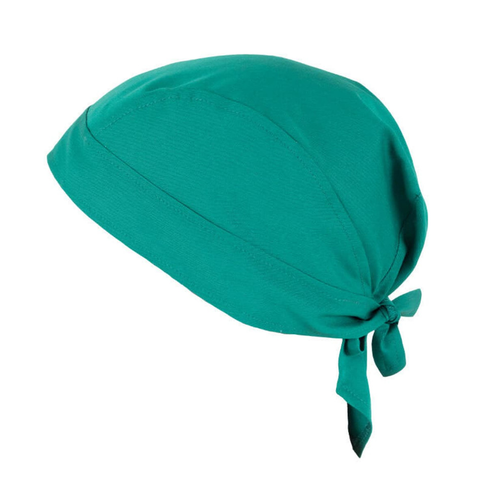 A teal bandana with a tied bow at the back, made of soft fabric and featuring a logo.