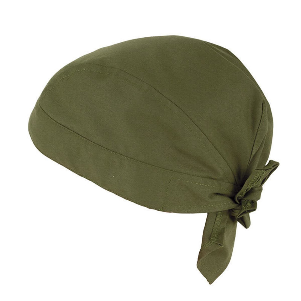 An olive green bandana-style headwear with a tied back design. It has a smooth texture and a simple shape.